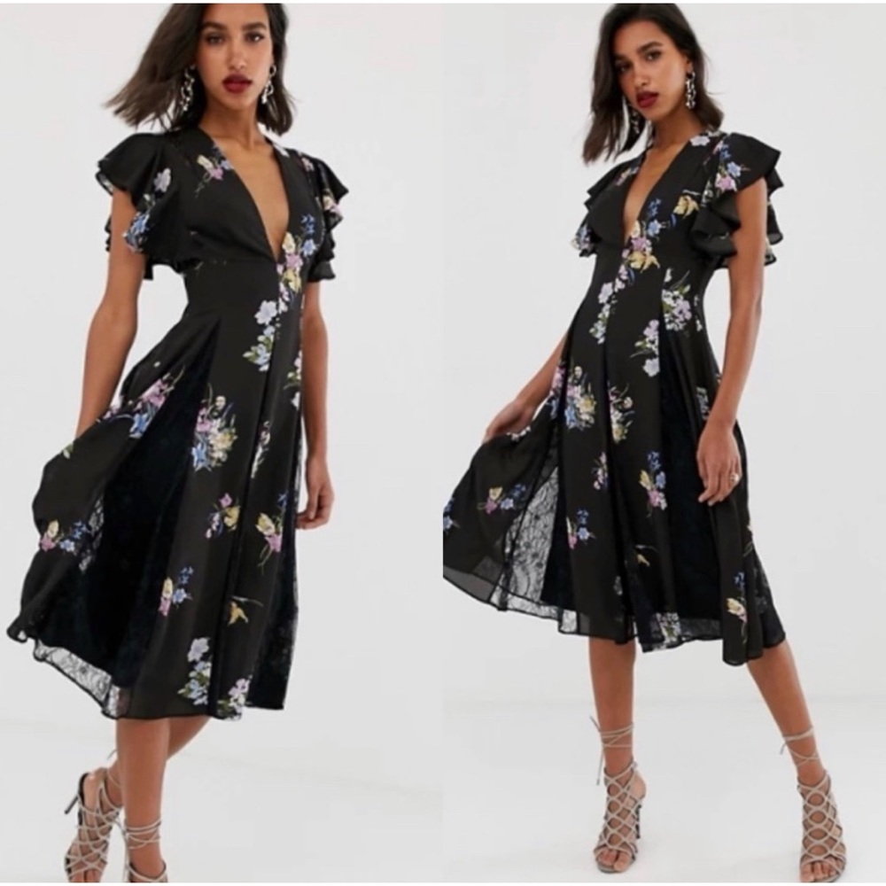 ASOS black floral deep v lace chiffon midi dress